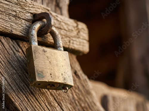 Antique brass padlock on weathered wood, symbolizing security and history with a single water droplet