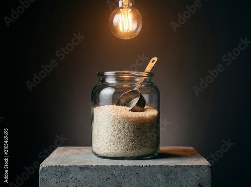 Uncooked rice in glass jar with scoop, lit by warm tungsten bulb, minimalist culinary still life