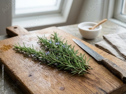 Fresh Rosemary Sprigs on Rustic Oak Cutting Board with Knife and Salt Bowl
