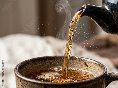 Hot Tea Poured into Kintsugi Mug, Steam Rising in Close-Up Detail