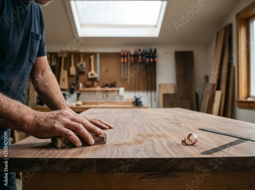 Woodworker Sanding Walnut Tabletop in Artisan Workshop