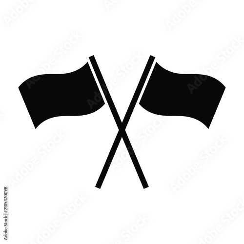 Crossed Waving Flags Icon Simple Black Silhouette Isolated on White Background
