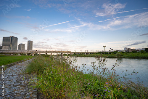 Landscape of Tamagawa River in Setagaya, Tokyo, Japan.