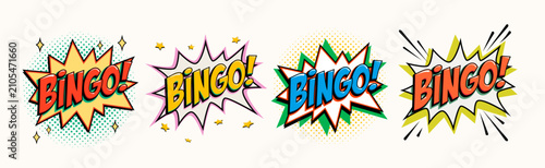 Bingo starburst icon set in bold comic style with colorful lettering inside dynamic star shapes and halftone backgrounds. Retro bingo logo for lottery, lotto, casino posters and game branding