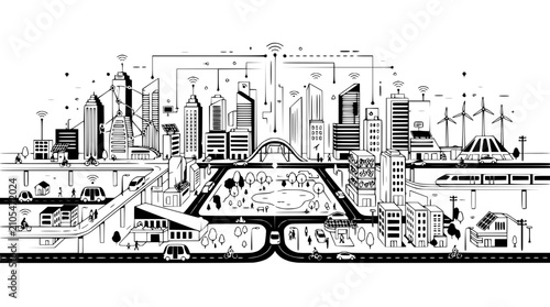 Obraz na plátně Smart City Landscape: Futuristic Urban Network with Connected Technology and Sus