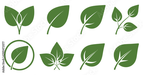 Collection of green leaf icons and environmental nature symbols for eco friendly branding with environment botanical branding sustainability