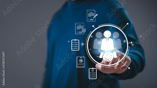 Business partnership and recruitment concept with digital agreement, team management and contract approval interface. Modern HR technology and corporate collaboration workflow system.
