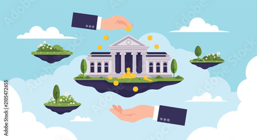 Symbolic bank building on a floating island with large hands depositing and receiving golden coins representing investment and savings.
