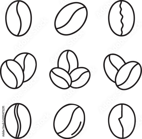 A collection of simple black line art coffee bean icons is arranged on a white background.