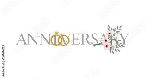 Elegant Wedding Anniversary Header with Golden Intertwined Rings Diamond and Pink Floral Bouquet on White Background