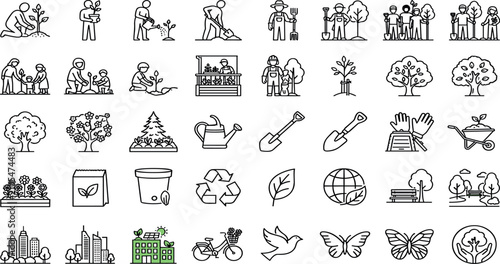 Foto Gardening and Urban Greening Line Icons Set with People Planting Trees Flowers a