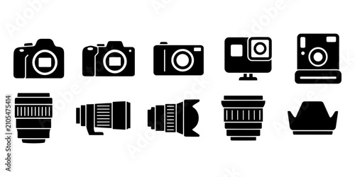 Принти на полотні Collection of black and white camera icons and photography equipment illustratio