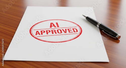 Artificial intelligence validation stamp signifying automated approval on a document, symbolizing future technological decision-making and digital endorsement in business processes