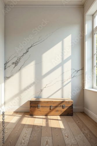 Sunlit Room Interior Design with Wooden Chest and Marble Wall