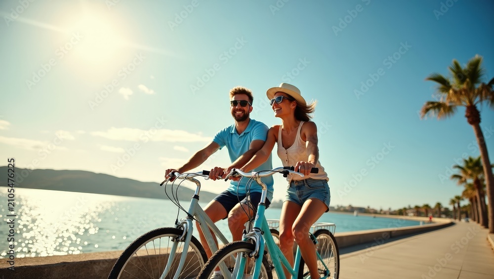 Fototapeta premium Happy couple riding bicycles along seaside path on sunny day. Summer vacation lifestyle with smiling man and woman enjoying freedom, nature and active leisure outdoors with scenic coastal view