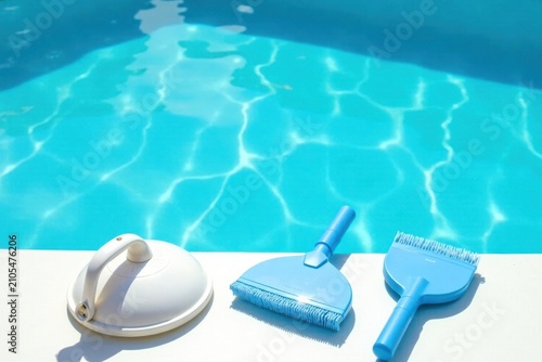 Summertime Pool Maintenance Essentials Cleaning Tools and Cover Resting by the Pool's Edge
