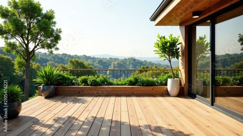 Serene Deck Overlooking Lush Mountain Vista with Potted Plants and Wooden Railing