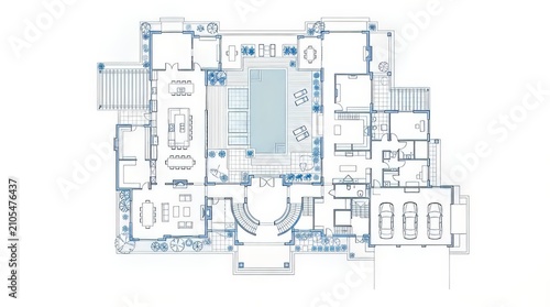 Detailed top view floor plan of a modern luxury mansion featuring a central swimming pool area