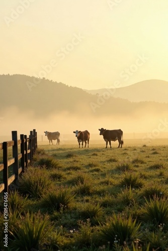 Serene Sunrise Pasture Cattle Grazing in Misty Meadow with Wooden Fence