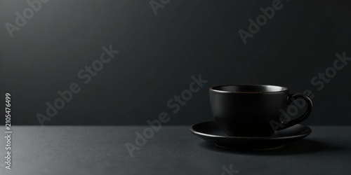 A solitary dark ceramic cup and saucer rests on a sleek, dark surface against a moody, shadowed background