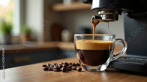 Aromatic Espresso Brewing Coffee Machine Pouring Rich Dark Roast into a Clear Glass Cup Next to Roasted Beans on a Wooden Surface