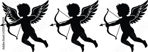 Tableau sur toile Cupid silhouette vector set with cherub angel holding bow arrow love romance Valentine icon collection design project