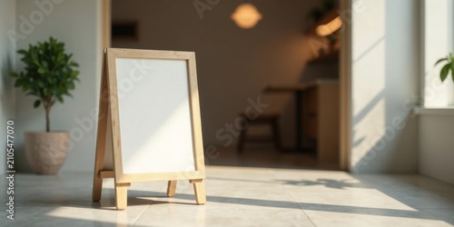 A blank wooden sign stands on a light floor in a sunlit interior space