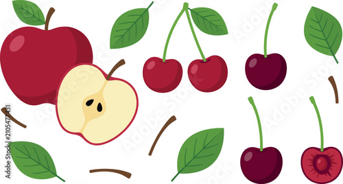 Organic red apple and sweet cherry flat vector icon collection featuring juicy fruit slices pair of cherries and green leaf elements