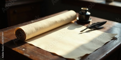 A rolled parchment scroll rests on a wooden table beside a quill pen and inkwell, bathed in sunlight, ready for the writer's hand to capture thoughts and stories