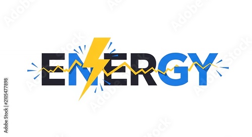 Modern Energy Typography Design with Yellow Lightning Bolt and Power Spark Elements on Clean White Background