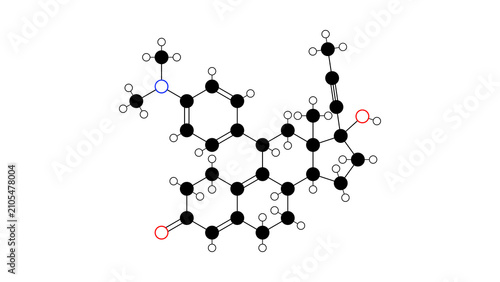 Фотография mifepristone molecule, structural chemical formula, ball-and-stick model, isolat
