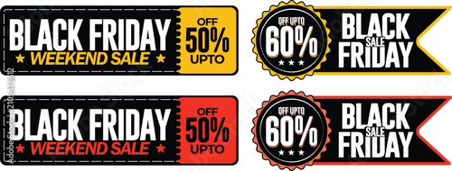 Black Friday Weekend Sale Banner Collection, 50 and 60 Percent Discount Promotion Vector Set