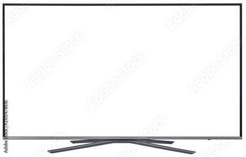 Front view of modern flat screen TV with blank white screen isolated on transparent background, PNG template