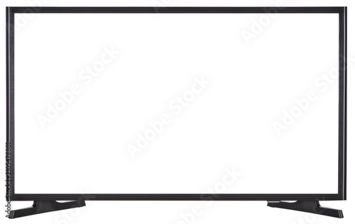 Front view of modern flat screen TV with blank white screen isolated on transparent background, PNG template