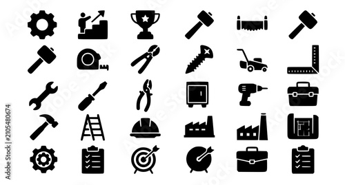 Solid Industrial Tools and Business Vector Icon Set Collection
