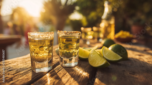 Golden Hour Tequila Shots with Lime on Rustic Table, Friends Celebrating at Summer Party, Premium Mexican Spirit, Outdoor Celebration, Festive Lifestyle and Hospitality Concept teq