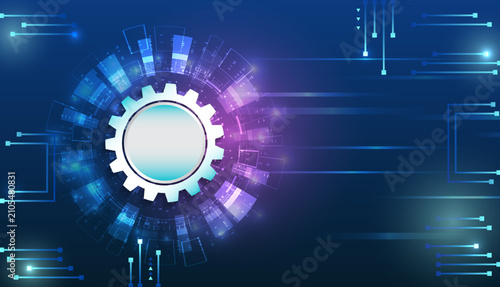 Futuristic technology background with a glowing gear, HUD interface, and digital circuit connections, symbolizing automation, AI, engineering, smart manufacturing, and innovation.