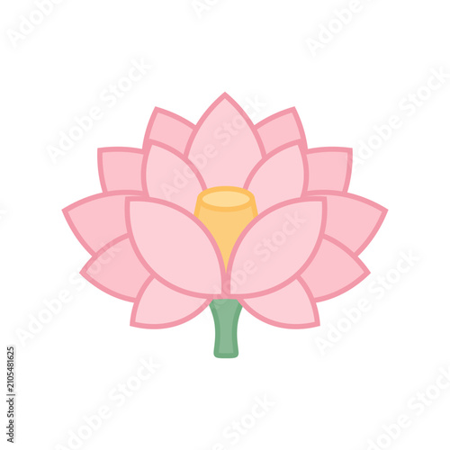 Minimalist lotus flowers in flat design style. Pink lotus flowers and green lily pads flat vector illustration. Pink lotus flower flat vector illustration