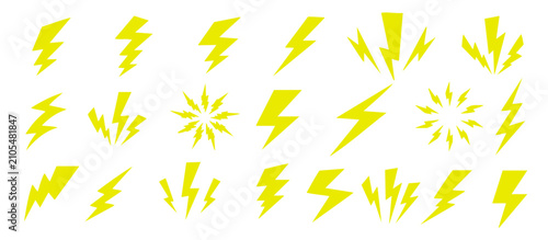Yellow lightning bolts with shadow set on white background, bold electric flash icons for storm, power, energy, warning and comic design.