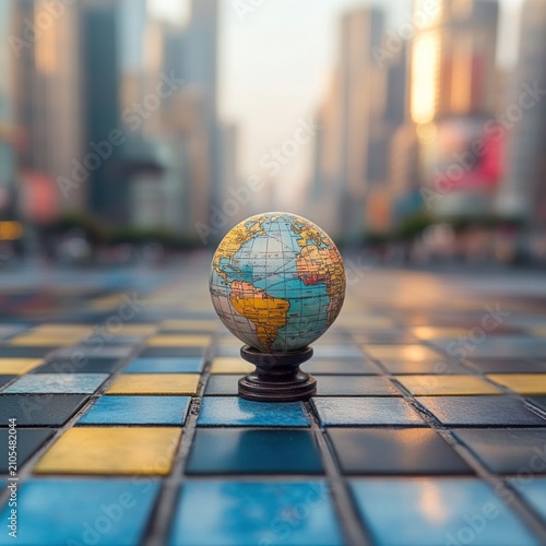 Global finance, city background, miniature globe on tiles