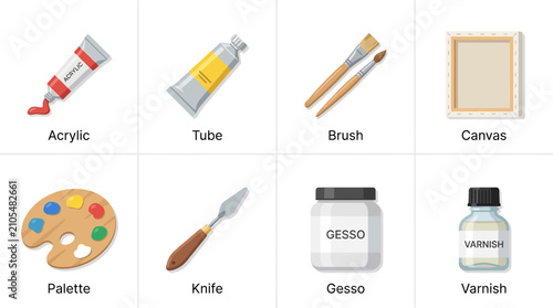 Art Supplies: Acrylic Paint Tube, Brush, Canvas, Palette, Knife, Gesso & Varnish