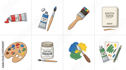 Art supplies collage: paint tubes, brushes, palette, gouache, sketch paper