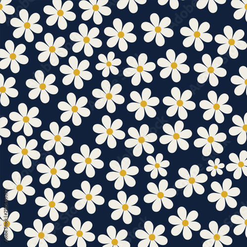 Retro Daisy Floral Seamless Pattern on Navy Blue Background