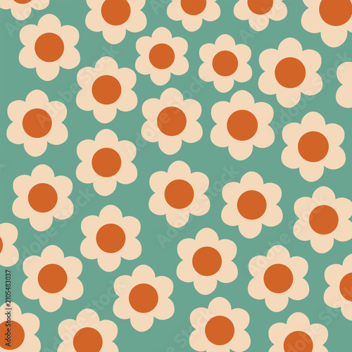 Groovy 70s Daisy Floral Seamless Pattern on Sage Green Background