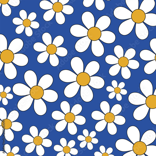 Retro Bold Daisy Floral Seamless Pattern on Vibrant Cobalt Blue Background