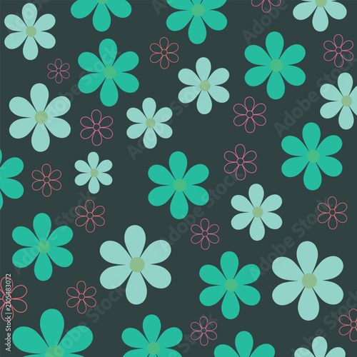 Retro Turquoise Floral Seamless Pattern on Dark Charcoal Background