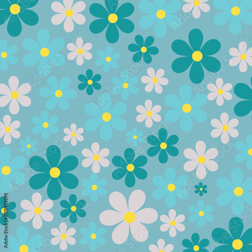 Retro Turquoise and Blue Floral Seamless Pattern with Cute Daisy Flowers