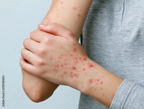 Red bumps fluid blisters, sores on person hand skin. Patient with viral infection chickenpox, pox, shingles or dermatitis. Monkey Pox MPOX disease symptom sign. Marv Painful rash, spots close up body