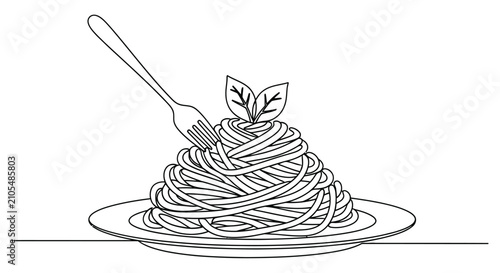 Minimalist line drawing of a plate of spaghetti with a fork and leaf garnish