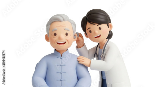 Compassionate healthcare professional assisting elderly patient with hearing device in a bright and welcoming medical environment